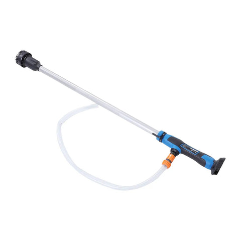 Heavy Duty Cordless Water Transfer Pump For Kicking Floodwater Out Of Pools And Basements Fast With A Slick Portable Handheld Battery Sump Featuring Rapid Thirty Six Liter Per Minute Drainage And IPX8 Weather Resilient Build, featuring a long handle and nozzle.