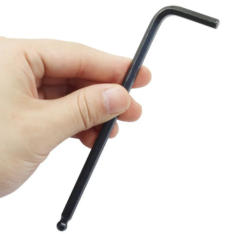 Hand holding a 10 Piece L Shaped Hex Key Set With Ball End For Bike And Furniture Repair Seven Thirty Second Inch Hex Size Extended Reach