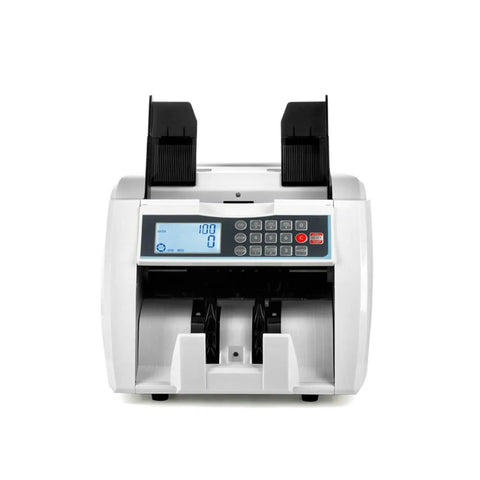 Slick Automatic Money Counter Machine For Multi Currency Bills With Double Note Detection Batch And Add Functions And External Display showing front view with digital display.