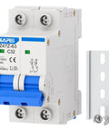 Miniature Circuit Breaker 1000V 2 Pole 32 Amp Isolator For Solar PV System With Thermal Magnetic Trip DIN Rail Mount C32 DC Disconnect Switch For Safe Power Distribution And Quick Fault Isolation. 2-pole 32A DC MCB, white plastic housing, blue lever, DIN rail bracket