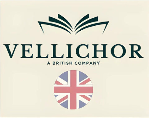 Vellichor logo with Union Jack, a British company symbol on cream background.