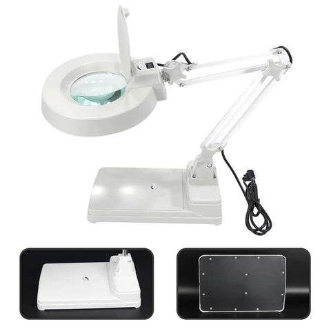 110V 20X Clip-On Magnifier Lamp With LED Light For PCB Inspection, adjustable folding stand, shown from side angle