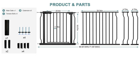 Extra Wide Baby Gate For Doorways And Stairs, Pressure Mounted Black Metal Walk Through Design, parts diagram with dimensions