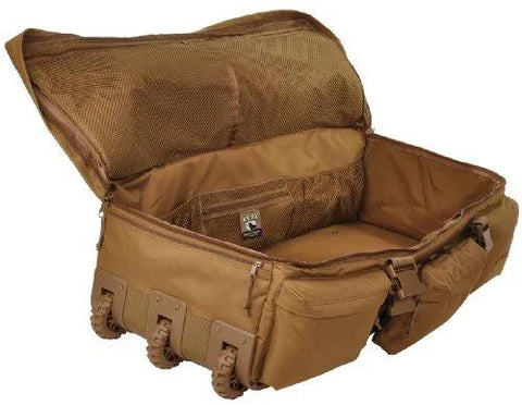 Brown rolling loadout luggage bag, X-Large 15.5x37x17 inches, open top with interior compartments and MOLLE straps