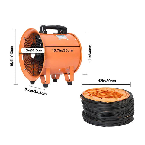 12 Inch High Velocity Blower Fan With 550W Motor And 16Ft Duct Hose shown with dimensions for portable ventilation use