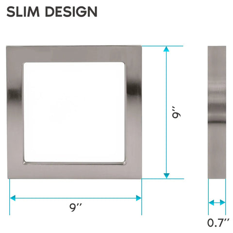 9 Inch Square LED Flush Mount Ceiling Light, Dimmable 18W, 1200 Lumens, Brushed Nickel Trim, Three Color Temperatures dimensions