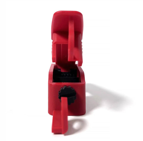 Front view of red lockout device from 12 Pack Circuit Breaker Lockout Tagout Kit For Standard Single And Double Toggle Breakers OSHA Compliant Loto
