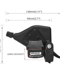 27 Speed Mountain Bike Shifter Levers Pair 3x9 Gear Shifters For MTB With Front 3 Speed Left And Rear 9 Speed Right Includes Cables Fits 22.2mm Handlebar Thumb Shift Levers With Gear Indicator Dope Setup showing dimensions