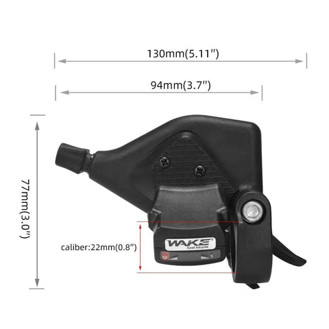 27 Speed Mountain Bike Shifter Levers Pair 3x9 Gear Shifters For MTB With Front 3 Speed Left And Rear 9 Speed Right Includes Cables Fits 22.2mm Handlebar Thumb Shift Levers With Gear Indicator Dope Setup showing dimensions
