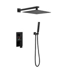 Top Shelf Wall Mounted Rain Shower System With A Water Powered Digital Display smooth single lever handle in matte black with stainless steel head.