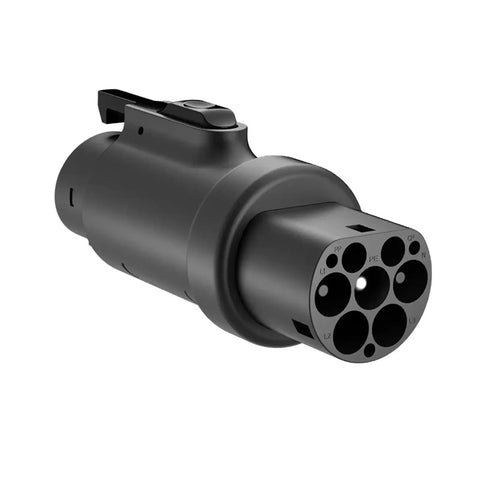 Heavy Duty Portable EV Charger Adapter Converting Type Two Ports To J1772 Plugs For Hella Fast 7KW DC Charging close-up view of Type 2 plug