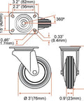 Technical drawing of 24 Pack Three Inch Swivel Caster Wheels With Rubber Base And Top Plate Double Ball Bearing Heavy Duty Ideal For Carts And Equipment Load Capacity Over 250 Lbs Per Caster With Durable Rubber Wheel For Easy Maneuverability On Wood And Concrete Surfaces, showing dimensions and design features.