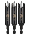 3 Piece Self Centering Wood Plug Cutters Set With Retracting Anchor Post And 2 Point Cutting Blades For Precise Plug Work Black Oxide Coating To Resist Dulling 1/4 Inch Quick Change Shank Made In USA By Montana Brands MB-65823