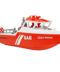 One Thirty Second Scale RC Rescue Boat With Dope Realistic Black And Red Livery Eight Kilometers Per Hour Speed Electric Jet Boat Two Point Four Gigahertz Remote Control Waterproof Hull With LED Navigation Lights Ideal For Pools Lakes And Adults, showing side view with SAR markings.