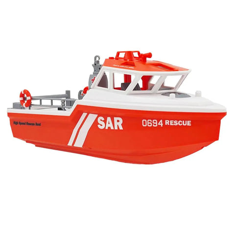 One Thirty Second Scale RC Rescue Boat With Dope Realistic Black And Red Livery Eight Kilometers Per Hour Speed Electric Jet Boat Two Point Four Gigahertz Remote Control Waterproof Hull With LED Navigation Lights Ideal For Pools Lakes And Adults, showing side view with SAR markings.