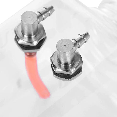 Close-up of RC Fuel Tank For Airplanes 300ml Transparent Plastic Tank With CNC Machined Metal Cap showing metal nozzles