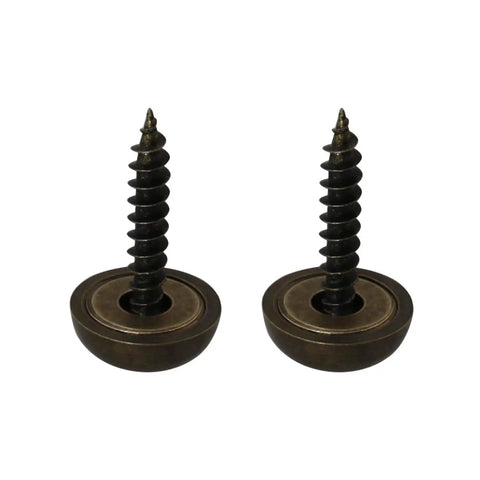 Top Shelf Eight Piece Set Of Real Pure Brass Decorative Mirror Screws With Bronze Cap Covers To Hide Heads For A Clean Look And Rock Solid Self Tapping Fasteners, showing two screws with bronze caps.