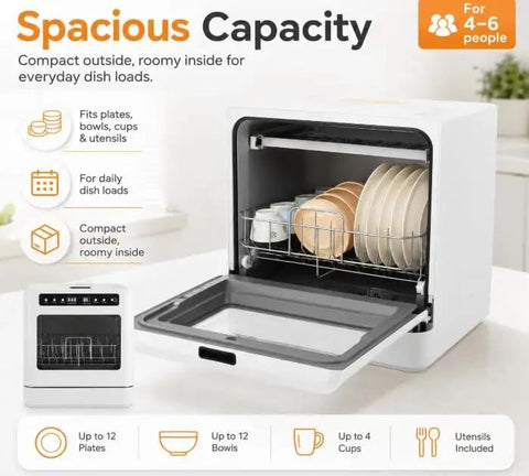Top Notch No Sweat Countertop Mini Dishwasher With 800 Watt Motor And Six Point Eight Liter Tank Featuring 360 Degree Splash Spray Four Wash Cycles And Seventy Two Hour Fresh Keep Storage For Quick Daily Cleanup showing spacious interior with dishes, cups, and utensils organized.