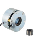 Front view of DC electromagnetic brake, 24V, 2.0 Nm, metal housing with mounting flange; small adapter included