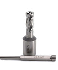Front view of Oscarbide annular cutter 7/16x1 with Weldon shank; beside it a Ø6.34x77 drill bit.
