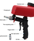 Get The Job Done With This Slick 90 Psi Gravity Feed Sandblaster Gun Kit Featuring Dual Nozzle Tips And Smooth Air Regulator For Zero Hassle Rust And Paint Removal, showing metal nozzle, flow valve, and non-slip handle.