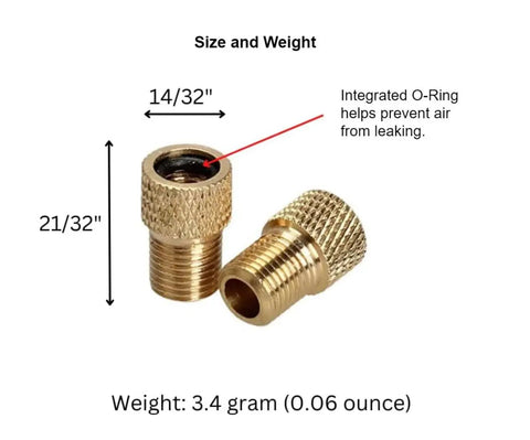 Valve Adapter Set For Presta To Schrader, Universal Fit For Bikes And EScooters showing brass adapters with size dimensions