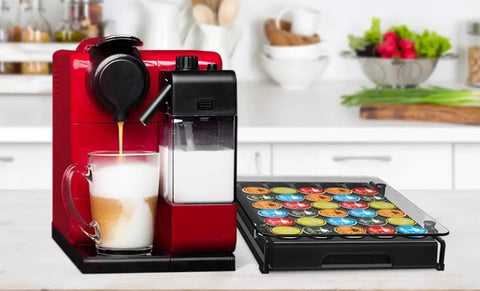 Glass Top Coffee Pod Drawer Organizer For K Cup Pods Holds 35 Pods With 5 Rows Of Slots And A Bonus 2 Pod Slot Slide Out Design