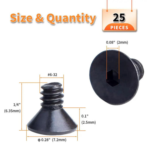 Number 6-32 X Quarter Inch Flat Head Socket Cap Screws 10.9 Grade Premium Carbon Steel Black Oxide Finish with size details for mechanics.