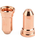 Two copper nozzle tips from the Top Tier 20 Pack Plasma Cutter Consumables Kit for Pt-100 torches, designed for precise steel cutting.