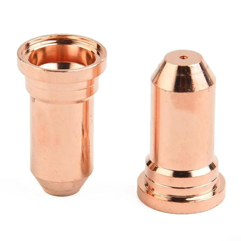 Two copper nozzle tips from the Top Tier 20 Pack Plasma Cutter Consumables Kit for Pt-100 torches, designed for precise steel cutting.