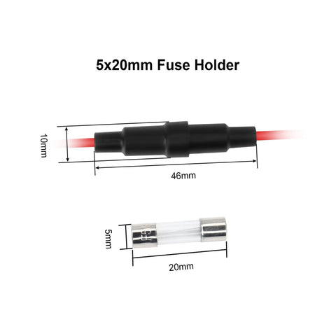 Top Shelf 5X20MM Inline Fuse Holder Screw Type With 22 AWG Wire For Fast Blow Glass Fuses 6 Pack showing dimensions and fuse holder.