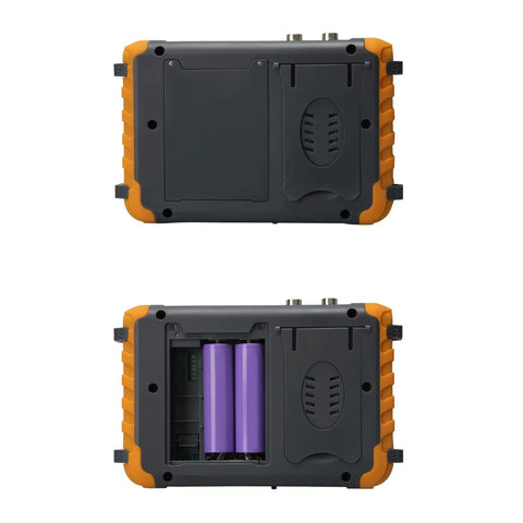 Back panel view of Five Inch CCTV Tester Monitor For Analog Cameras, showing battery compartment open and closed.