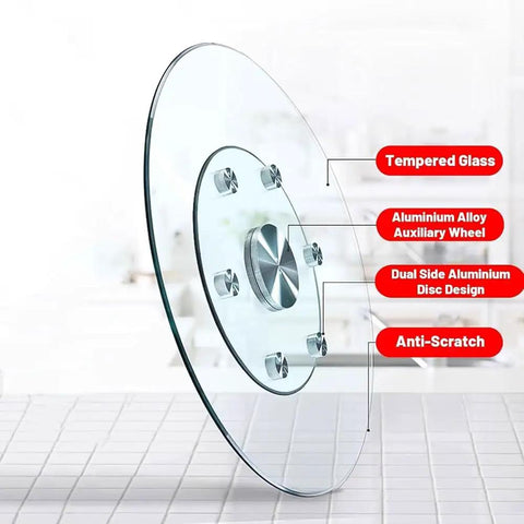 Heavy Duty Tempered Glass Lazy Susan Turntable With Hella Smooth 360 Rotation Spacious Round Serving Tray showcasing aluminum features.