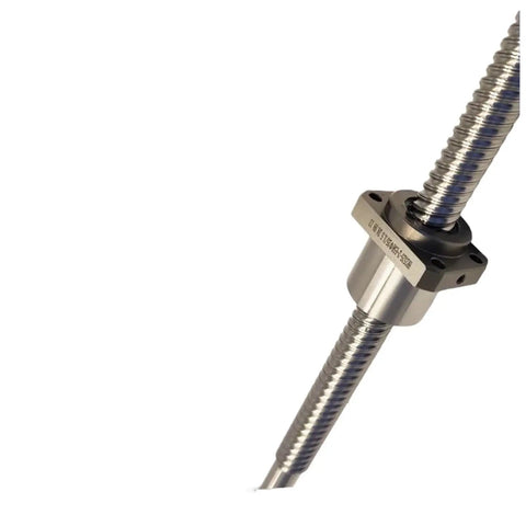 Heavy Duty Ground Rolled Steel Ball Screw Model W0400MA With Integrated Nut Assembly, 1000mm Length angled view with nut assembly.