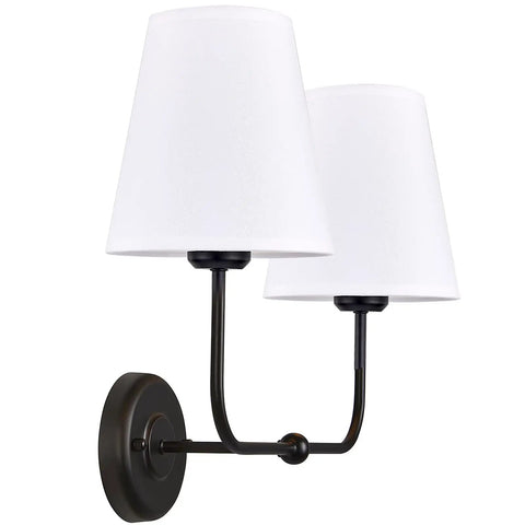 Double Light Wall Sconce With White Fabric Tapered Shades In Black Finish For Your Bathroom Vanity Hallway Stairway And Living Room Two Light Fixture With E26 Socket Dimmable LED Compatible
