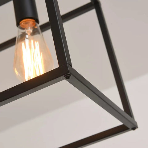 Close-up of 6 Light Rectangle Black Pendant Chandelier With Adjustable Stems, Farmhouse Rustic Linear Light Fixture, Open Bulb Design