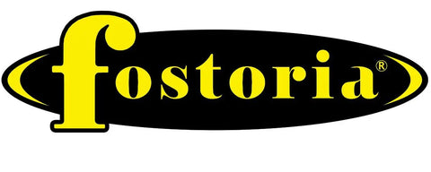 Logo of Fostoria in bold yellow lettering on a black oval background, suitable for branding.