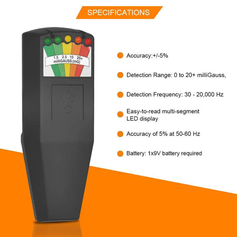 EMF Meter With 5 LED Magnetic Field Detector For Home Office And Outdoor Inspections displaying specifications