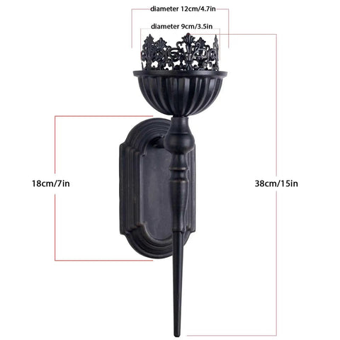 Kick Up Your Living Room Vibe With These Dope Black Gothic Wall Sconces Set Of Two Handcrafted Iron Crown And Scepter Candle Holders For Vintage Home Decor Style, measuring 15 inches tall.