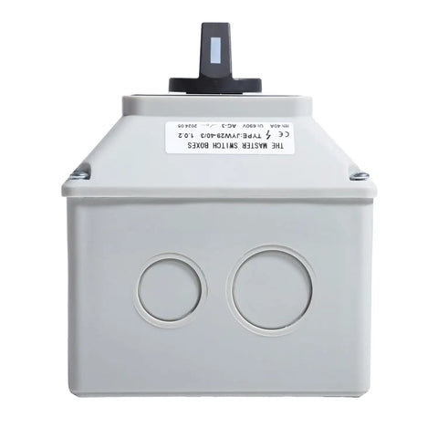 Front view of Rotary Changeover Switch Universal Selector Switch Enclosure Box 690V 40A 3 Position 3 Phase 12 Terminals