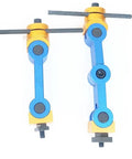Solid Iron Universal Work Stop Block For CNC Milling Machine Locator Lathe Multi Function Adjustable Positioner Built Like A Tank With Precision Lock Setup No Sweat Quick Swap, two blue and gold adjustable clamps for precise positioning.