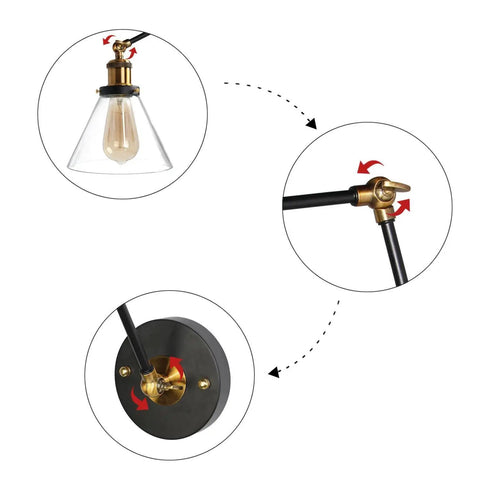 Black And Gold Glass Swing Arm Wall Sconce, Adjustable Plug In Or Hardwired Wall Lamp, Dope Steel Frame, Modern Industrial Wall Light Fixture For Living Room, Bedroom, Hallway, And Den