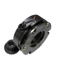 Angled front view of DHD2-30 electromagnetic brake assembly for servo motor with gear ring and wiring