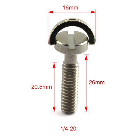 Two Pack One Quarter Twenty D Ring Stainless Steel Camera Fixing Screws For Tripod And Monopod Quick Release Plates 26mm Shaft Mounting Screws Durable Rust Resistant Hardware For Secure Camera Setup shown from side with measurements