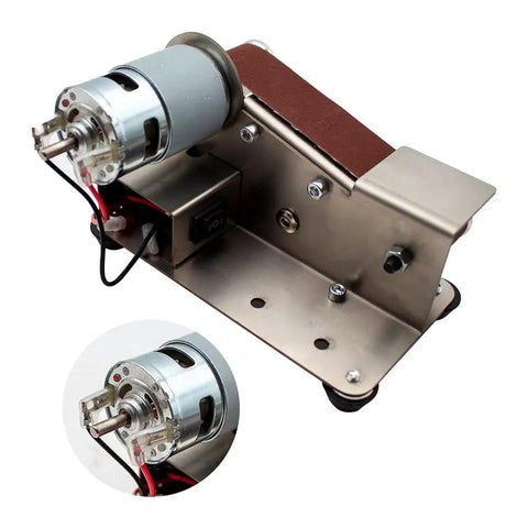 Knockout Mini Belt Sander And Slick Dual Voltage Polisher With Tough Fixed Angle Grinding Wheel For Swift Knife Sharpening And No Sweat Diy Jobs Powered By Zippy 775 Motor Workhorse For Tradesmen showing metal construction and motor.