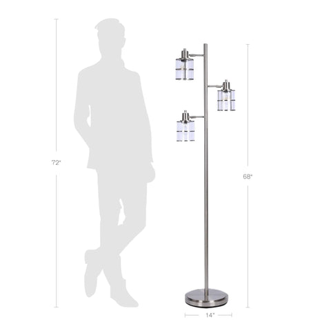 Modern Three Light Floor Lamp With Adjustable Ribbed Glass Shades And Reading Light, 68 Inches Tall, Cool Brushed Nickel Finish, shown next to silhouette.