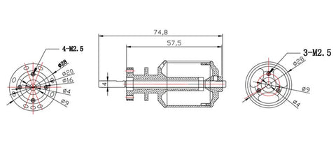 Technical drawing of 64mm RC Jet Ducted Fan With 3500KV Brushless Motor 4S ready, showing dimensions and mounting holes.