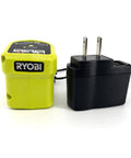 Cordless 4 Inch Clamp Fan Kit With 18V Ryobi Battery, Charger, And Pocket Flashlight components, shown with battery and charger.