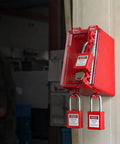Heavy Duty Lockout Tagout Lock Box For Group Padlock Safety Station, wall mounted with 8 locking positions and 1 key slot in use.