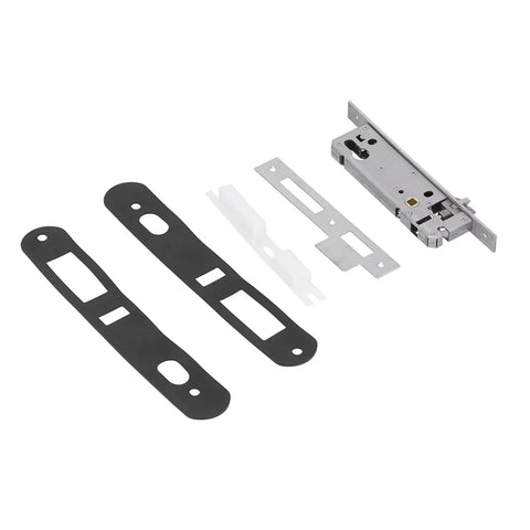 Heavy Duty Outdoor Door Lock With Sleek Keypad And Spare Key, Built Tough Battery Free Aluminum Alloy Gate Lock For Courtyard Entry, Matte Black Finish components including metal latch and strike plates.